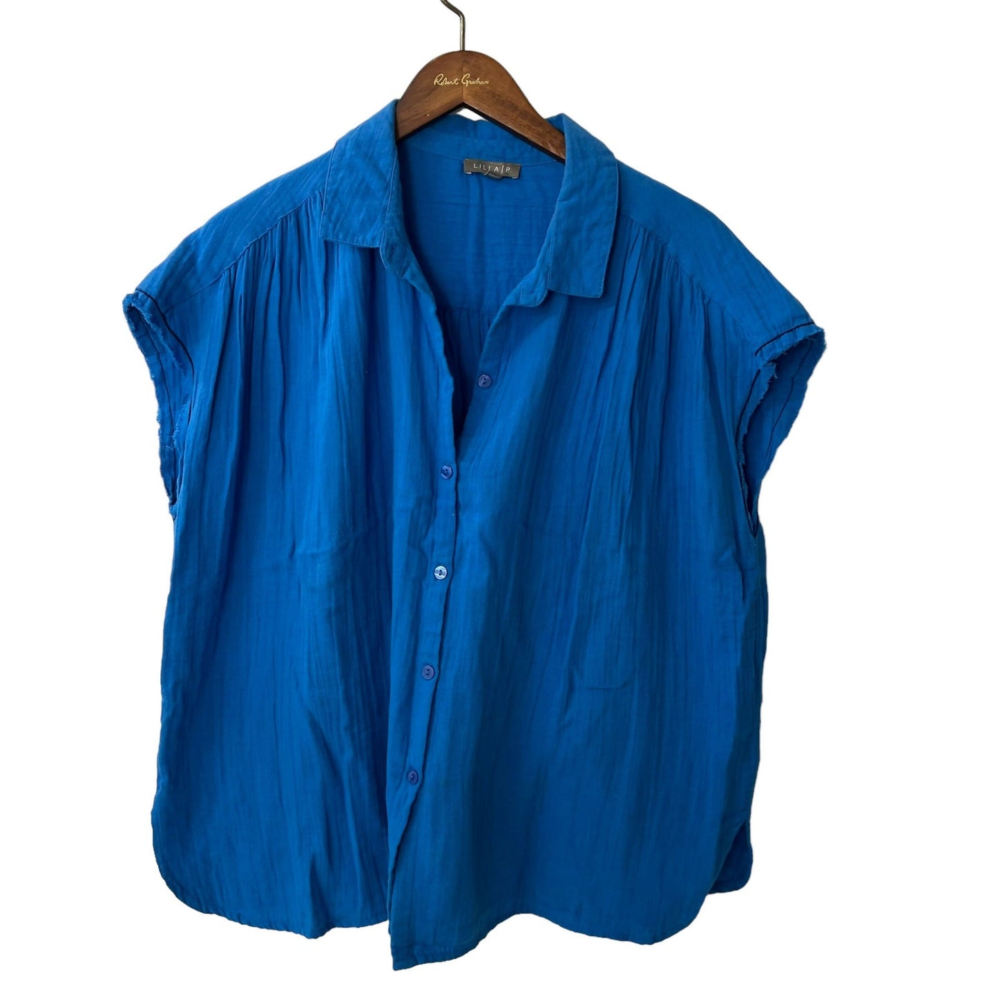 Lilla P Blue Boxy Button-Up Shirt Slub Cotton - Size L