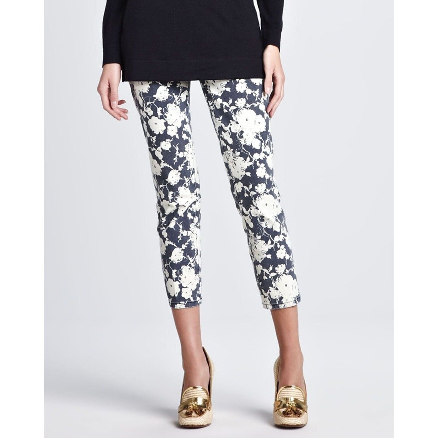 Tory Burch Mid-Rise Floral Skinny Jeans - Floral Dark Gray - Size 25