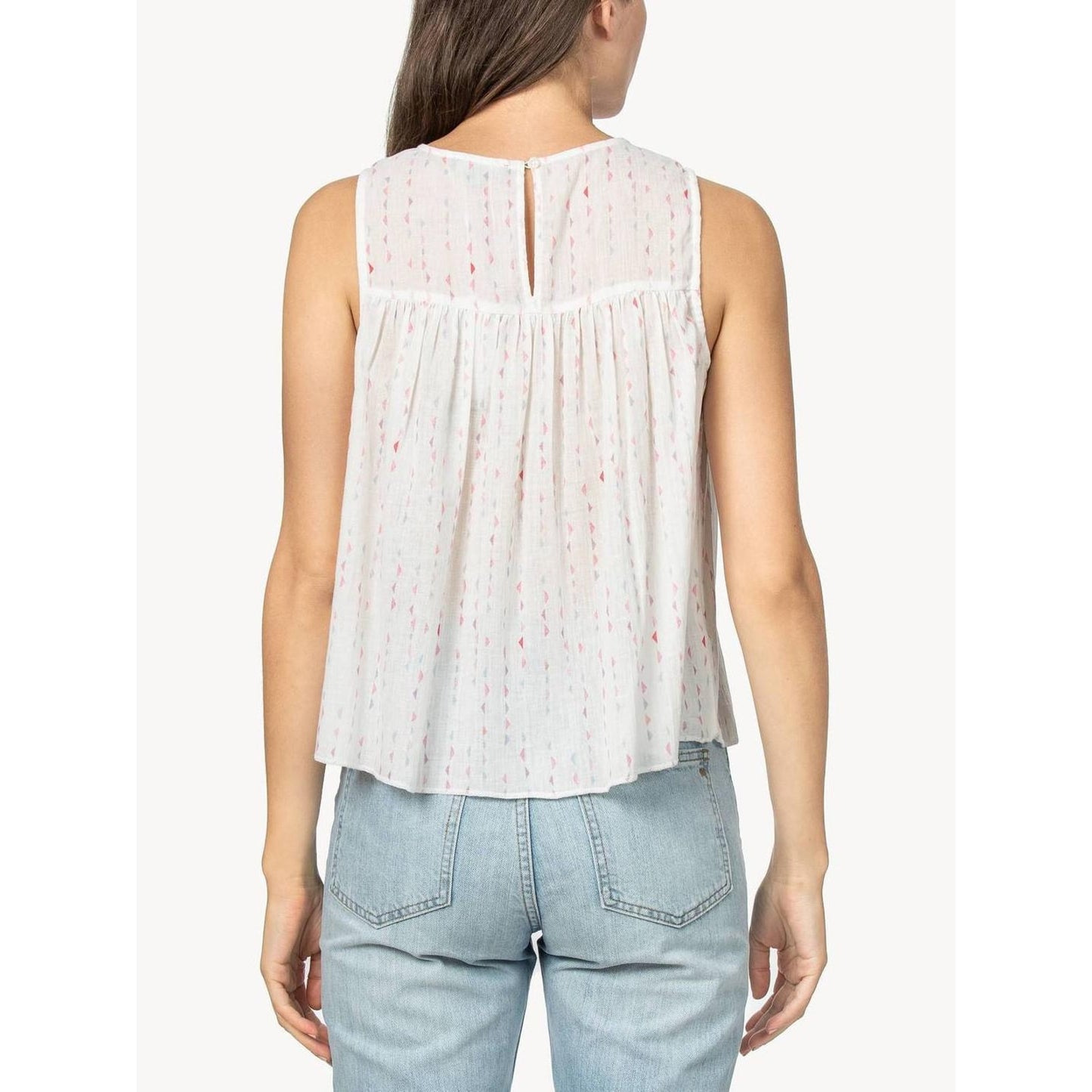 Lilla P High Crew Neck Smocked Tank Blouse - Geometric - Off-White  - L