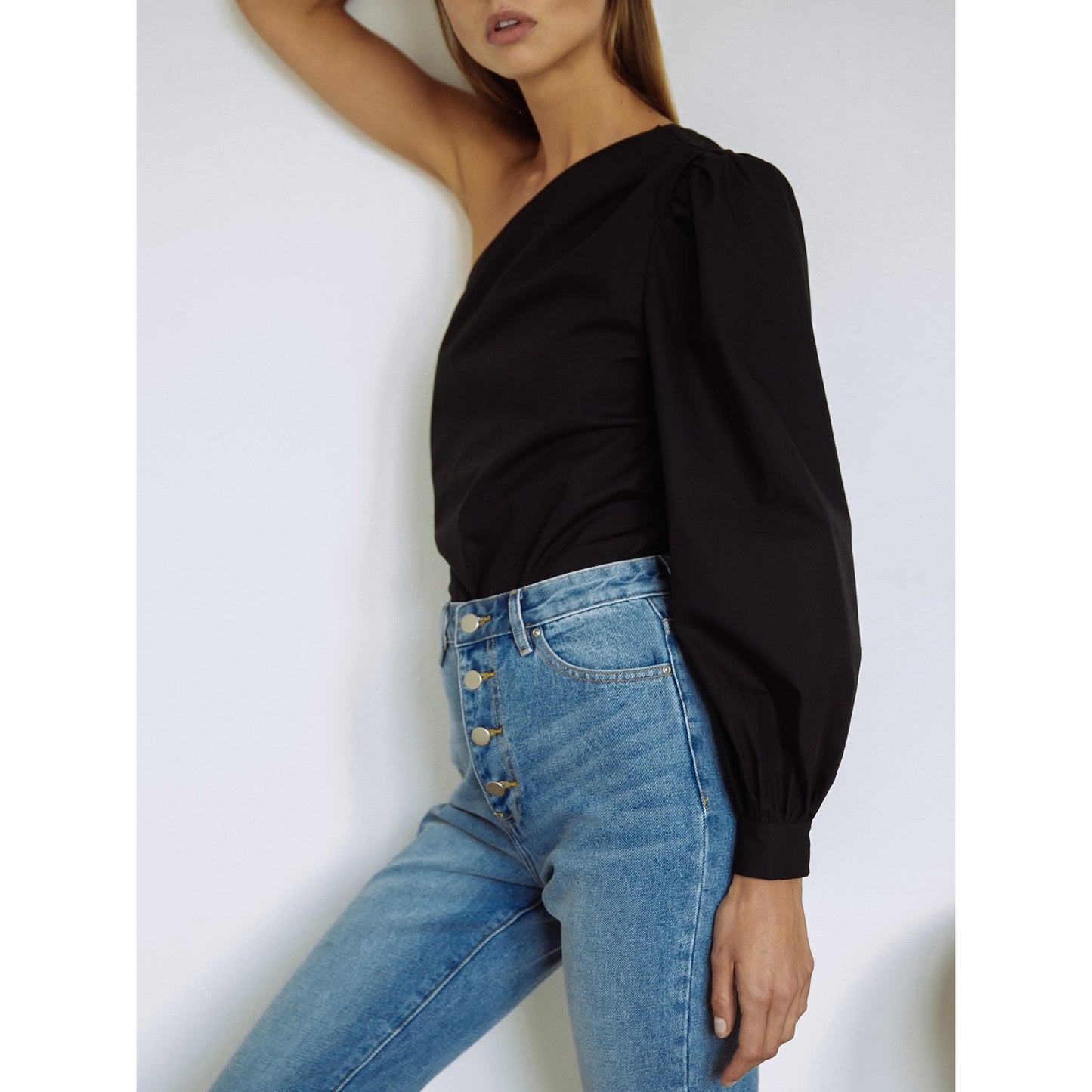 FRAME One Shoulder Cotton Blouson Top - Black - Medium