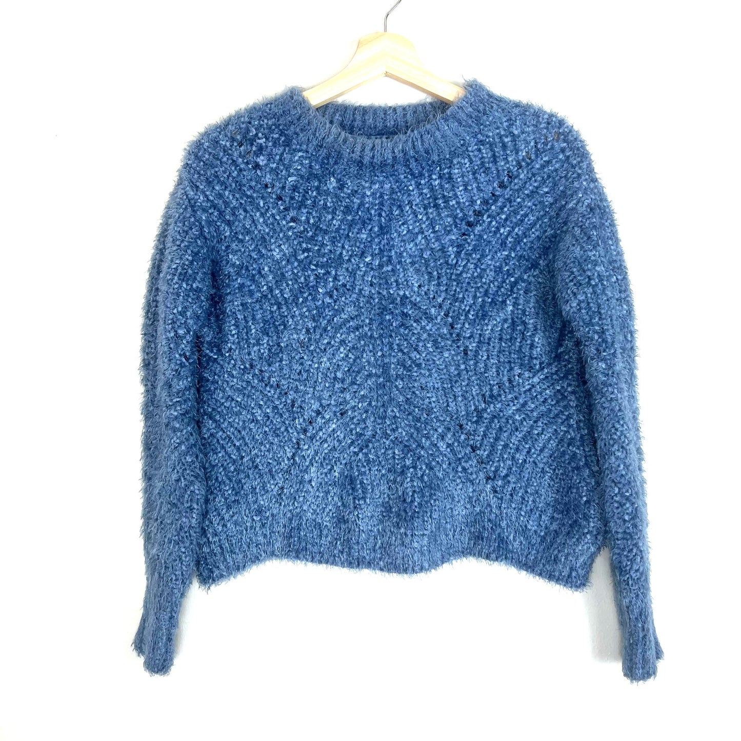 Aqua Pointelle Mock Neck Cropped Sweater - Blue - Large