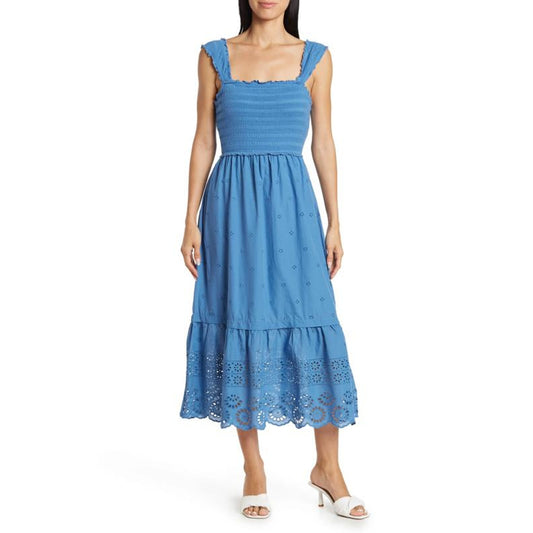 Betsey Johnson Smocked Embroidered Eyelet Midi Dress - Eyelet - Blue/Federal Blue - M