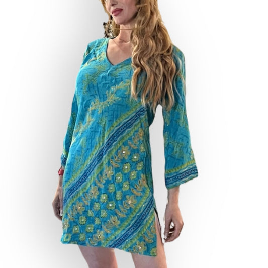 100% Upcycled Silk Indie Ella Embroidered Tunic - Turquoise - OS