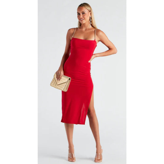 NWOT Windsor Red Side Slit Chain Midi - S