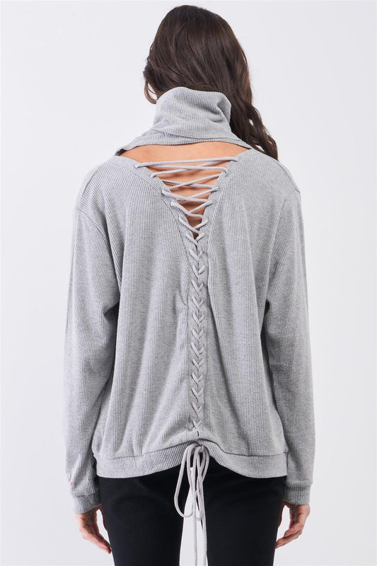 Heather Grey Long Sleeve Cut Out Lace Up Tie Back Detail Turtleneck Top-0