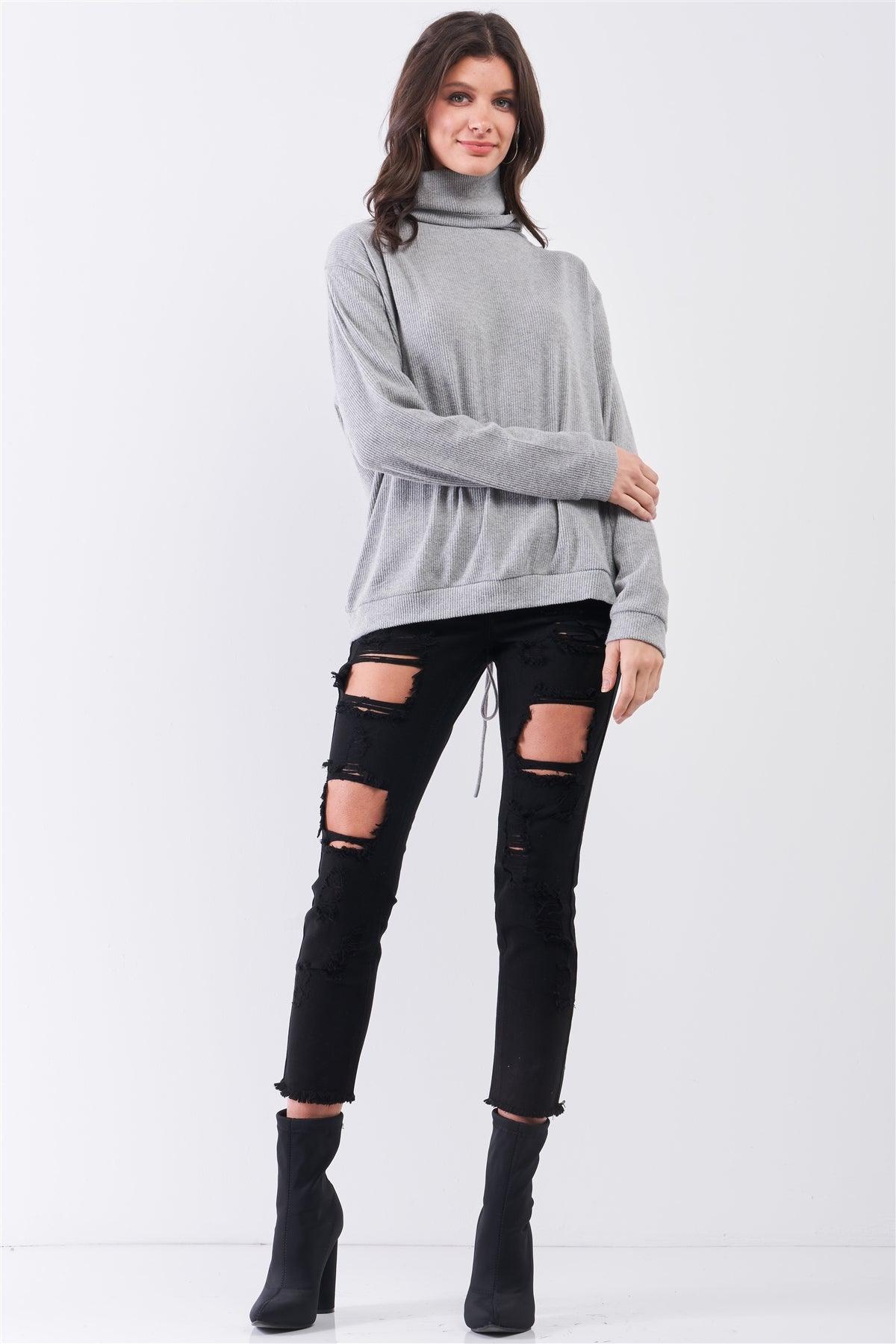 Heather Grey Long Sleeve Cut Out Lace Up Tie Back Detail Turtleneck Top-2