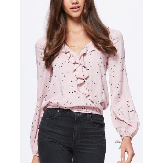 Paige Long Sleeve Faux Wrap Ruffled Blouse - Floral - Pink Multi/Blush/Black - XS