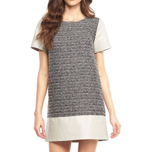 Short Sleeve Faux-Leather Tweed Sheath Dress - Beige Multi - S