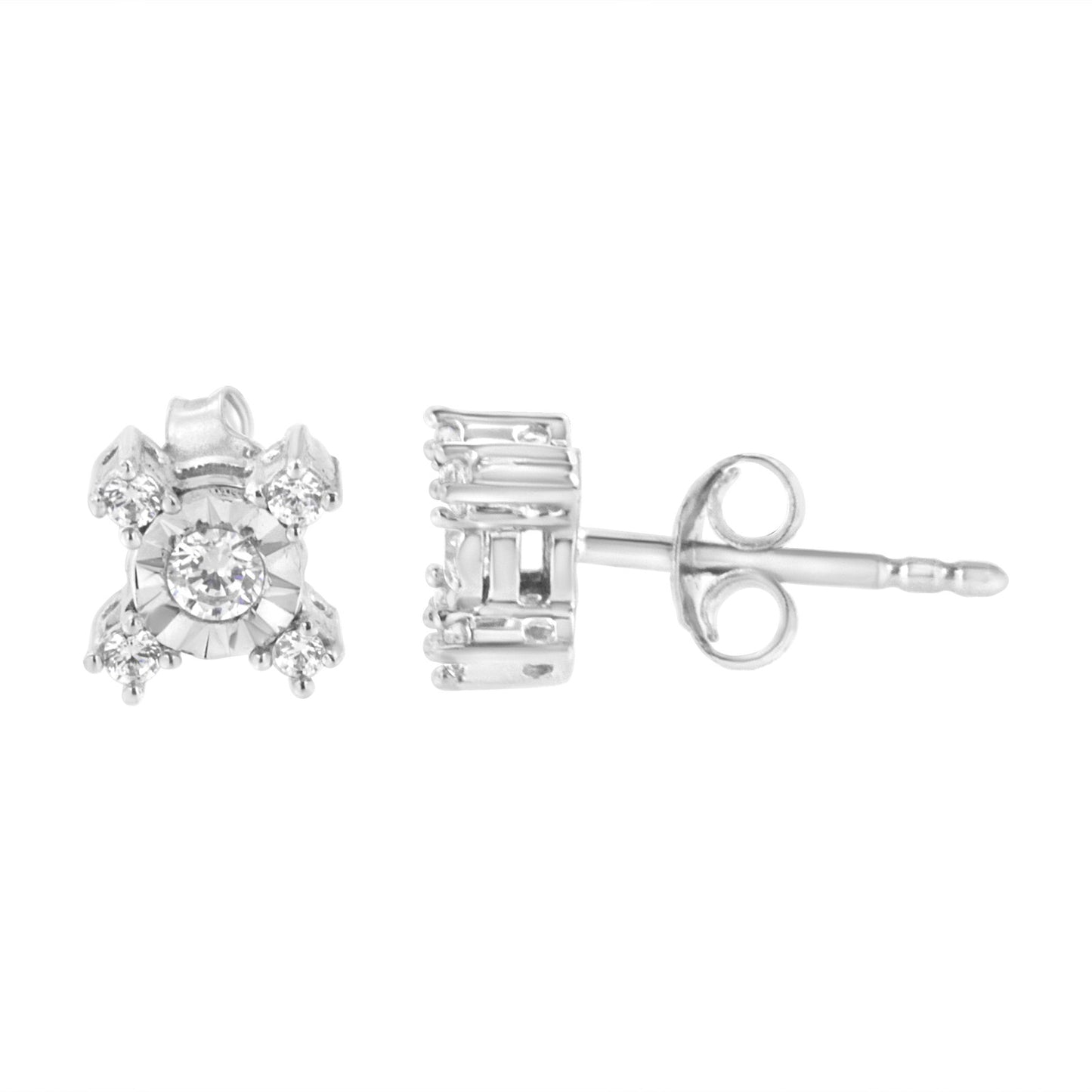 Haus of Brilliance .925 Sterling Silver 1/4 Cttw Miracle Plate Set Round and Princess-Cut Diamond "X" Shaped Stud Earrings (I-J Color, I2-I3 Clarity)