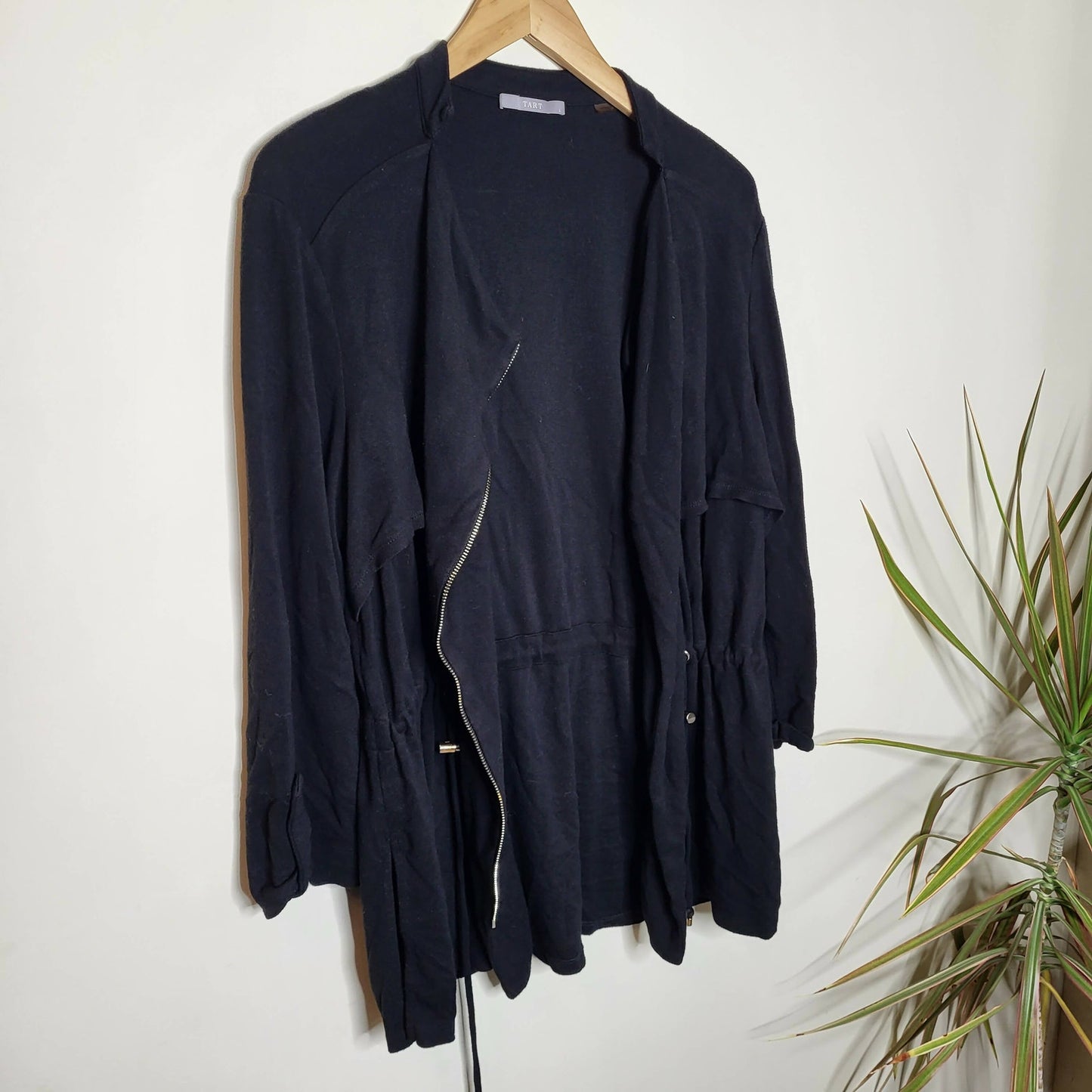 Tart Black Jersey Knit Jacket with Gold Asymmetrical Zipper