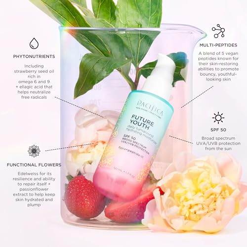 Pacifica Beauty, Future Youth Daily Turnaround Hydrating Moisturizer SPF 50, Lightweight Face Sunscreen, Fast-Absorbing, Fights Signs of Aging, UVA/UVB Broad Spectrum, Chemical Sunscreen, Vegan