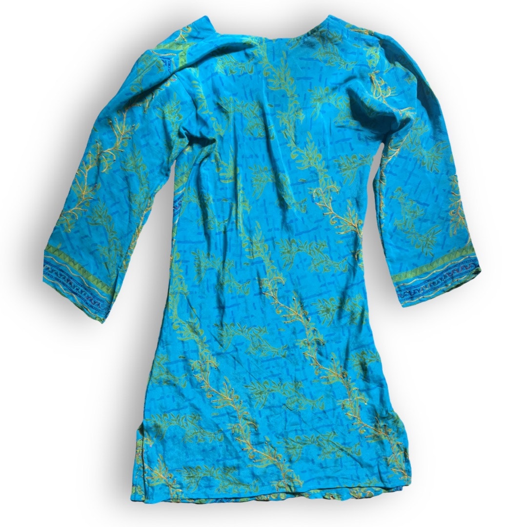 100% Upcycled Silk Indie Ella Embroidered Tunic - Turquoise - OS