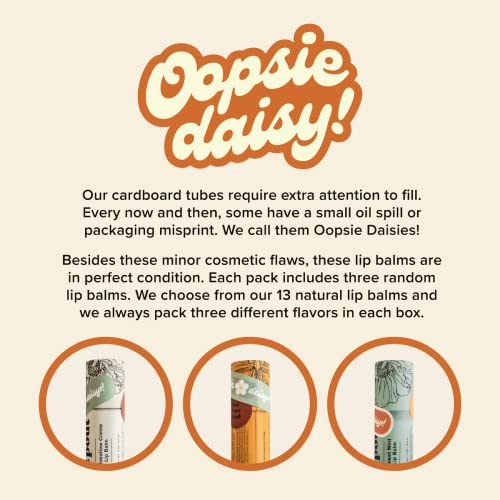 3pk + Gift Box, Poppy & Pout All Natural Lip Balm, Cardboard Tube, Hand-filled - Beeswax, Vitamin E, Organic Coconut Oil, Cruelty Free (Oopsie Daisy)