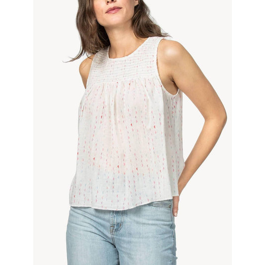 Lilla P High Crew Neck Smocked Tank Blouse - Geometric - Off-White  - L