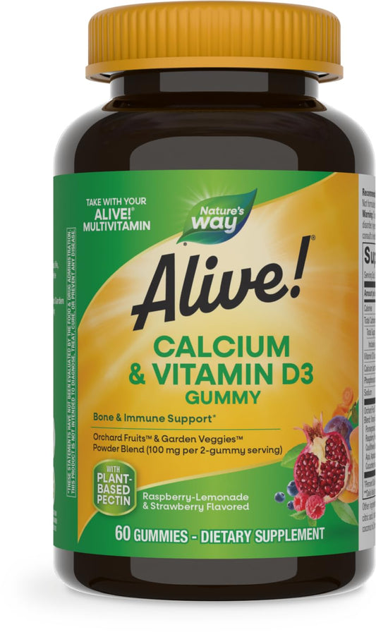 Nature's Way Alive! Daily Calcium & Vitamin D3 Gummies – Strawberry and Raspberry-Lemonade Flavored – 60 Gummies