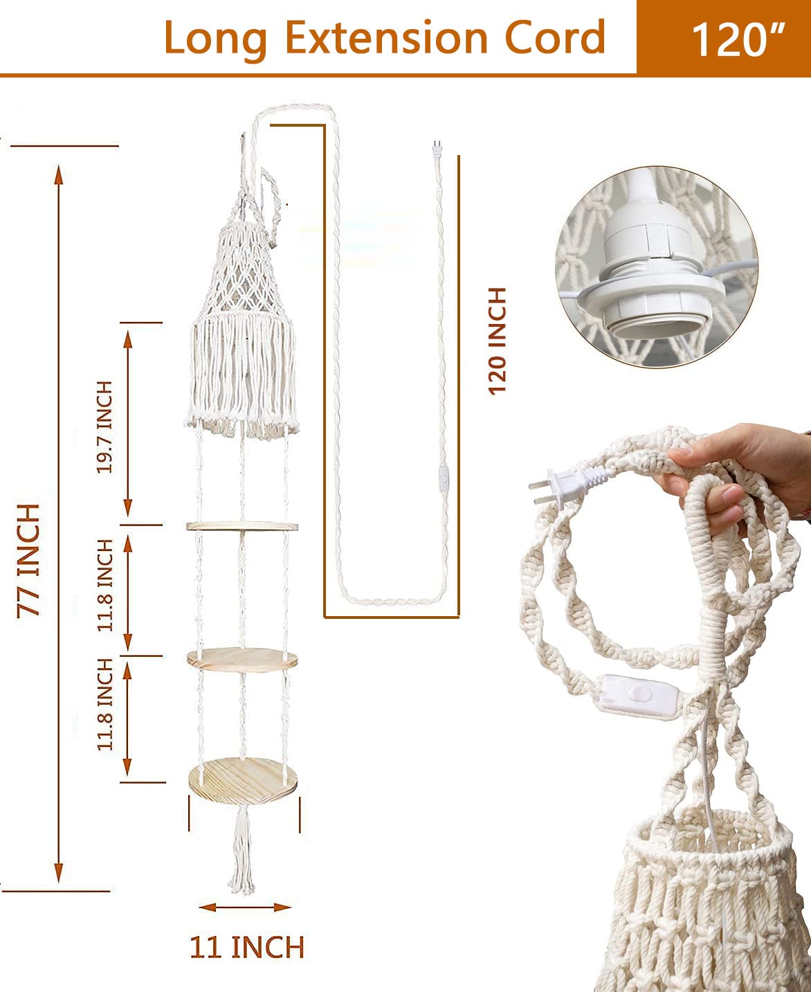 Macrame Plant Hanger 3-Tier Floating Round Shelves