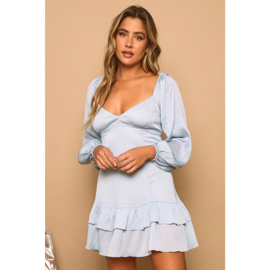 Peach Love Light Blue Long Sleeve Ruffle Bottom Mini Dress - Size M - NWOT