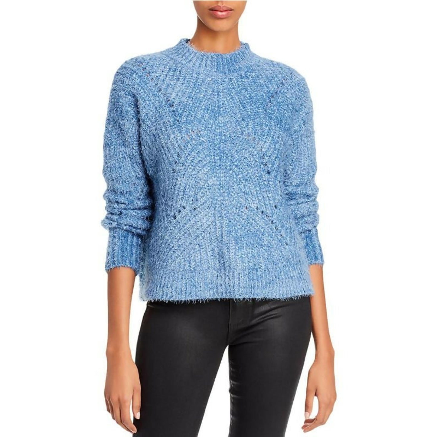 Aqua Pointelle Mock Neck Cropped Sweater - Blue - Large