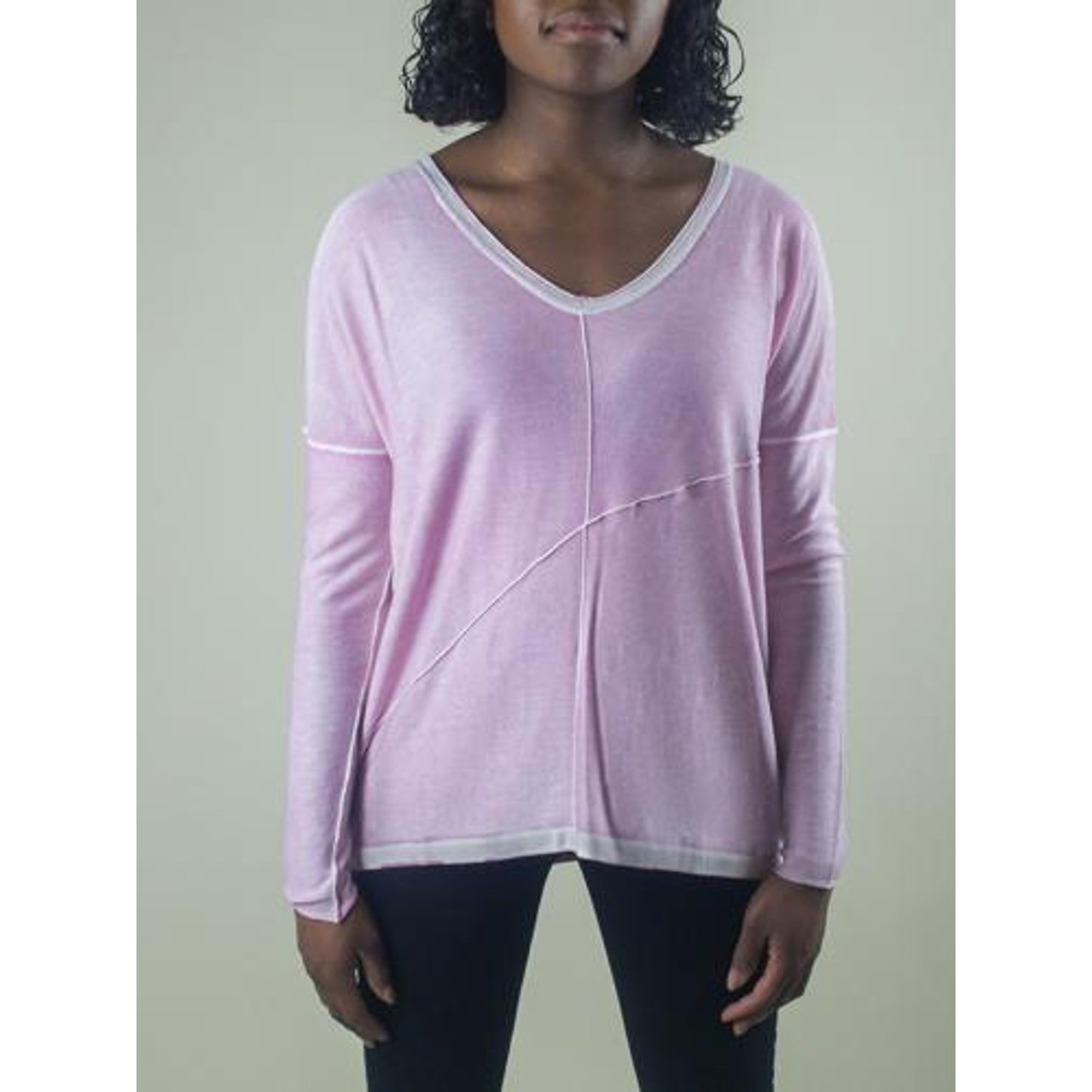 Kokun Long Sleeve Seamed Cashmere V-Neck - Pink - Size M