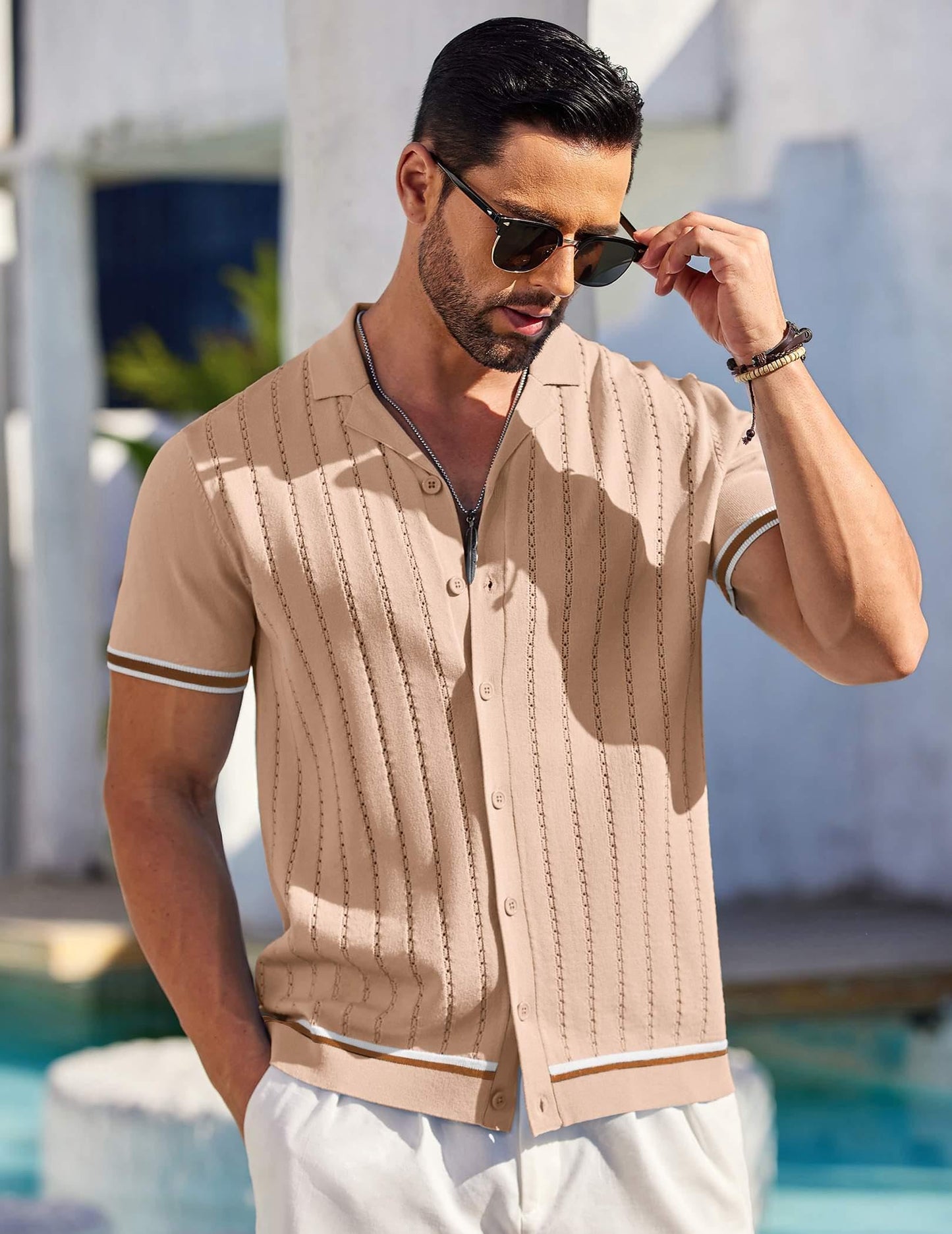 Men's Beach Button Up Casual Knit Polo Shirt - Short Sleeve - Khaki