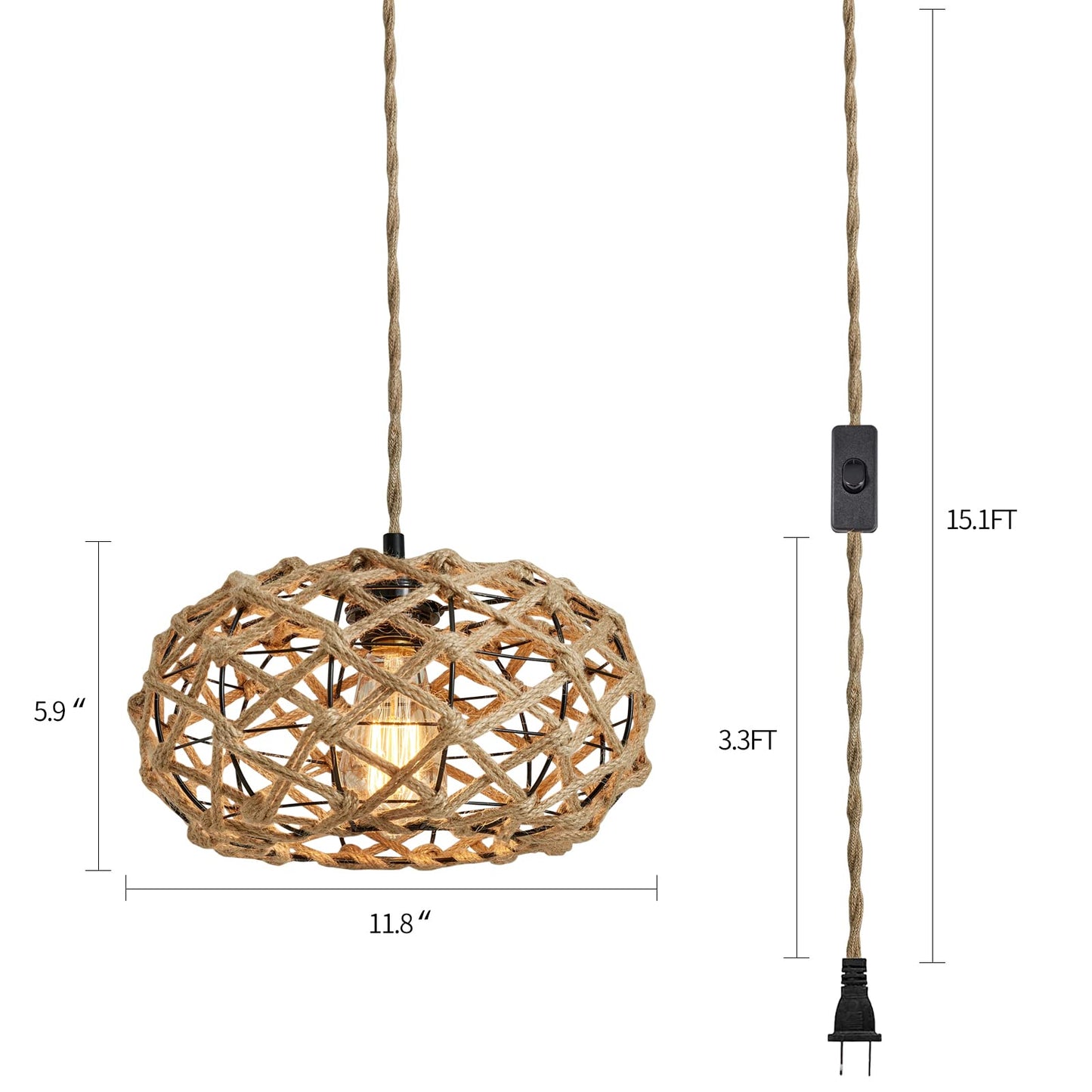 Boho Woven Haning Lamp - 15.1FT Hemp Rope Cord