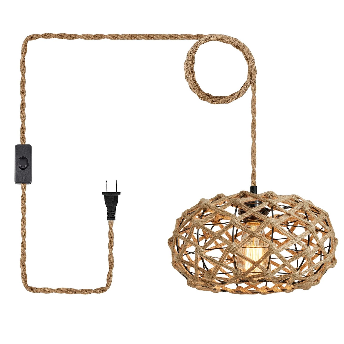 Boho Woven Haning Lamp - 15.1FT Hemp Rope Cord