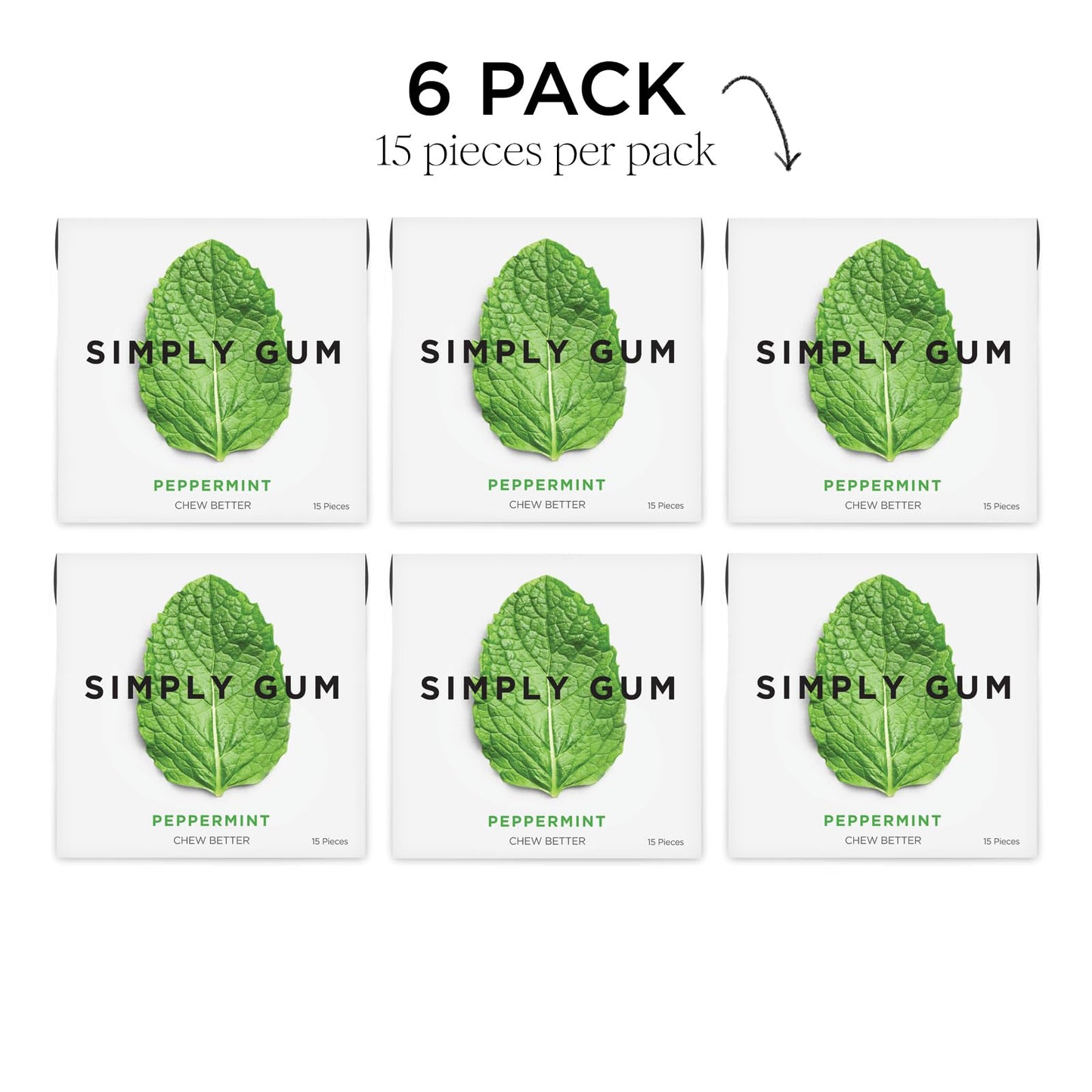 Simply Gum | Peppermint | Pack of Six (90 Pieces Total) | Plastic Free + Aspartame Free + non GMO