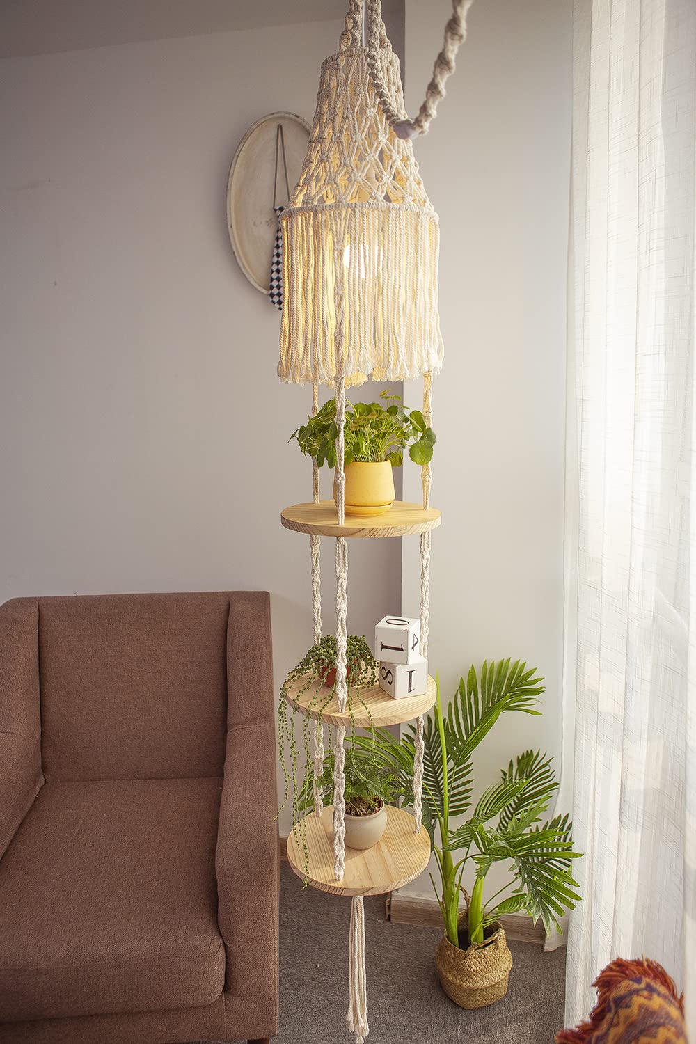 Macrame Plant Hanger 3-Tier Floating Round Shelves