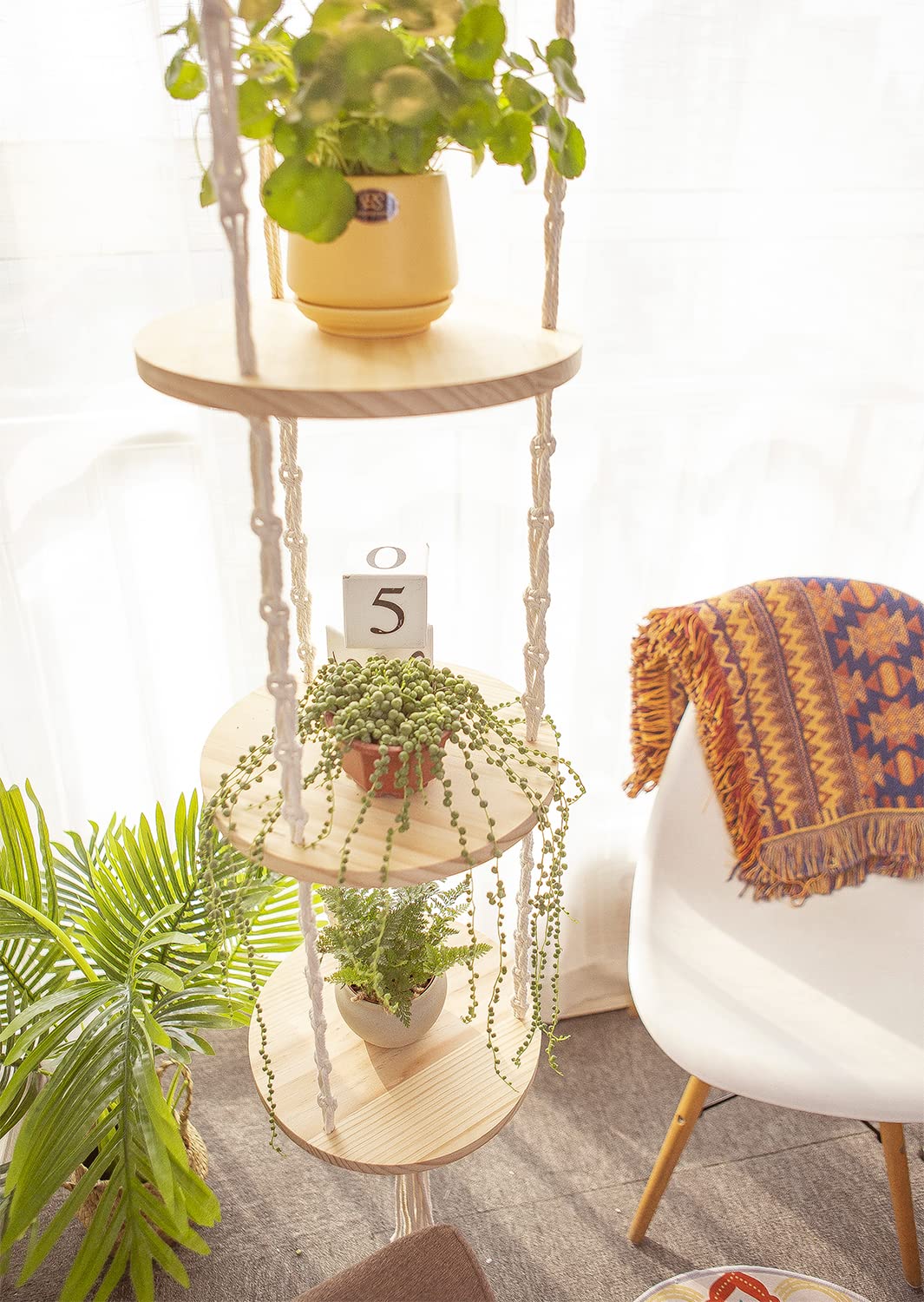 Macrame Plant Hanger 3-Tier Floating Round Shelves