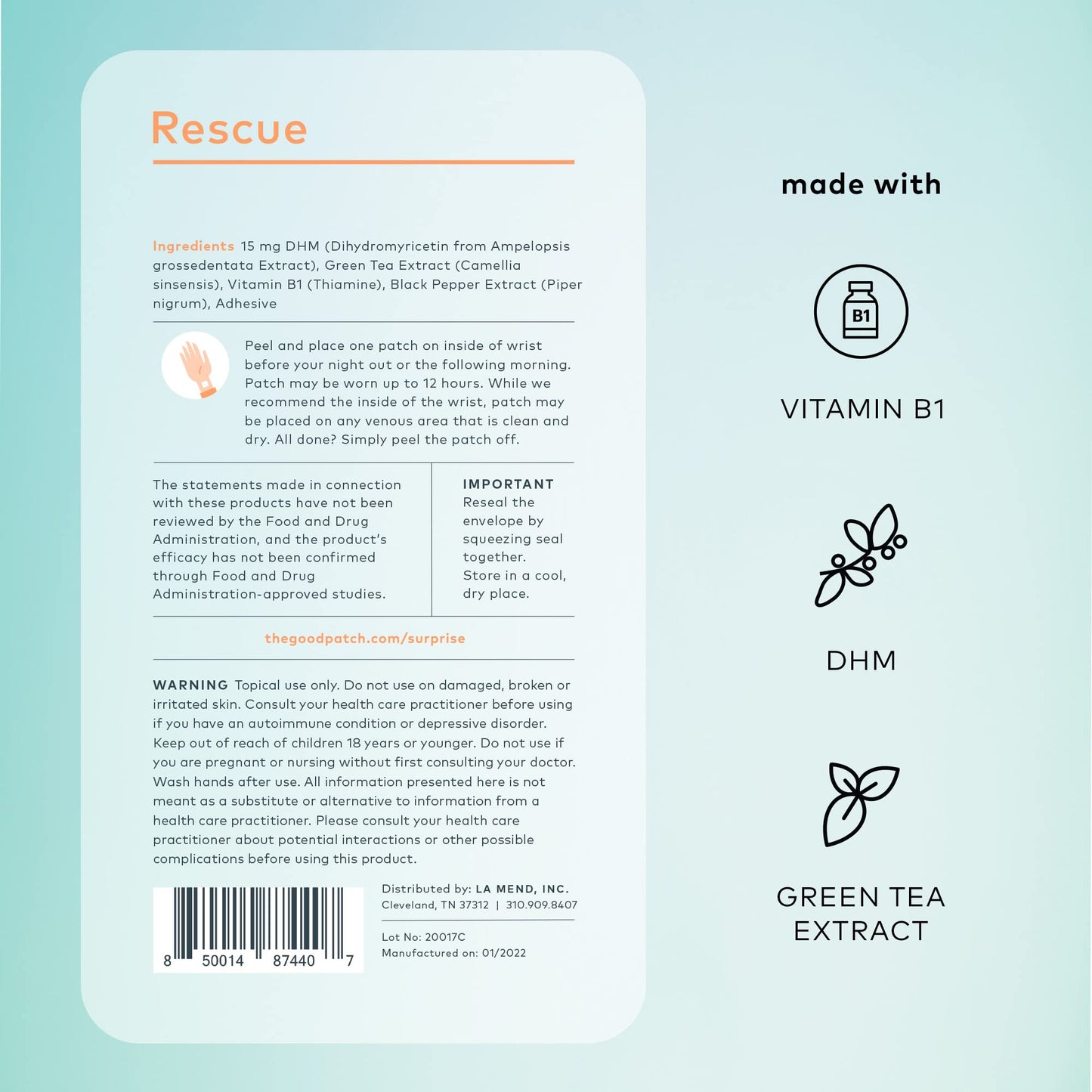 The Good Patch Rescue After Party Patch, Natural Patch with DHM, Vitamin B1, Green Tea, Plant Powered Wearable Wellness, Bounce back after a night out (8 Total Patches)