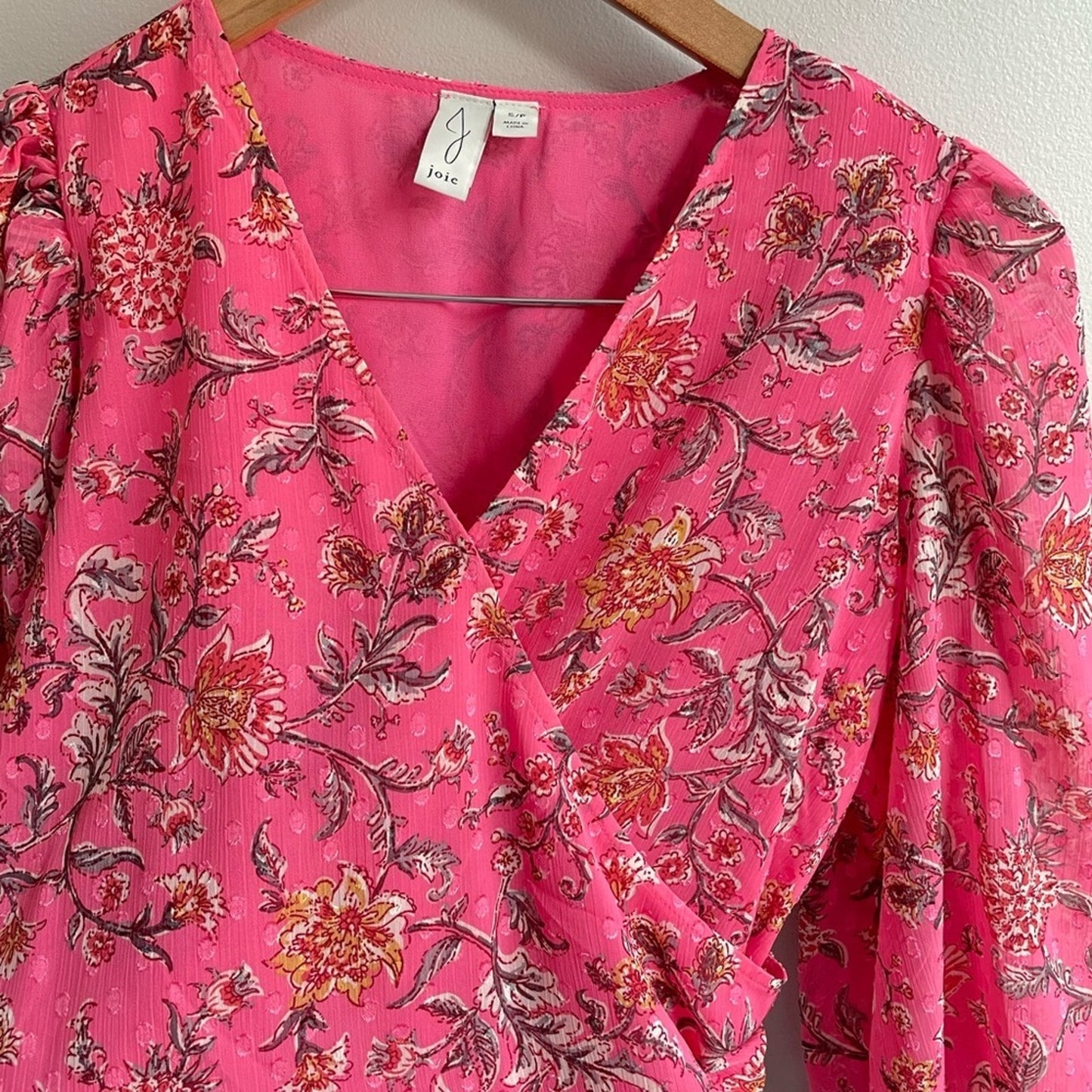 Joie Surplice Front Balloon Sleeve Blouse Top - Pink Floral - Small