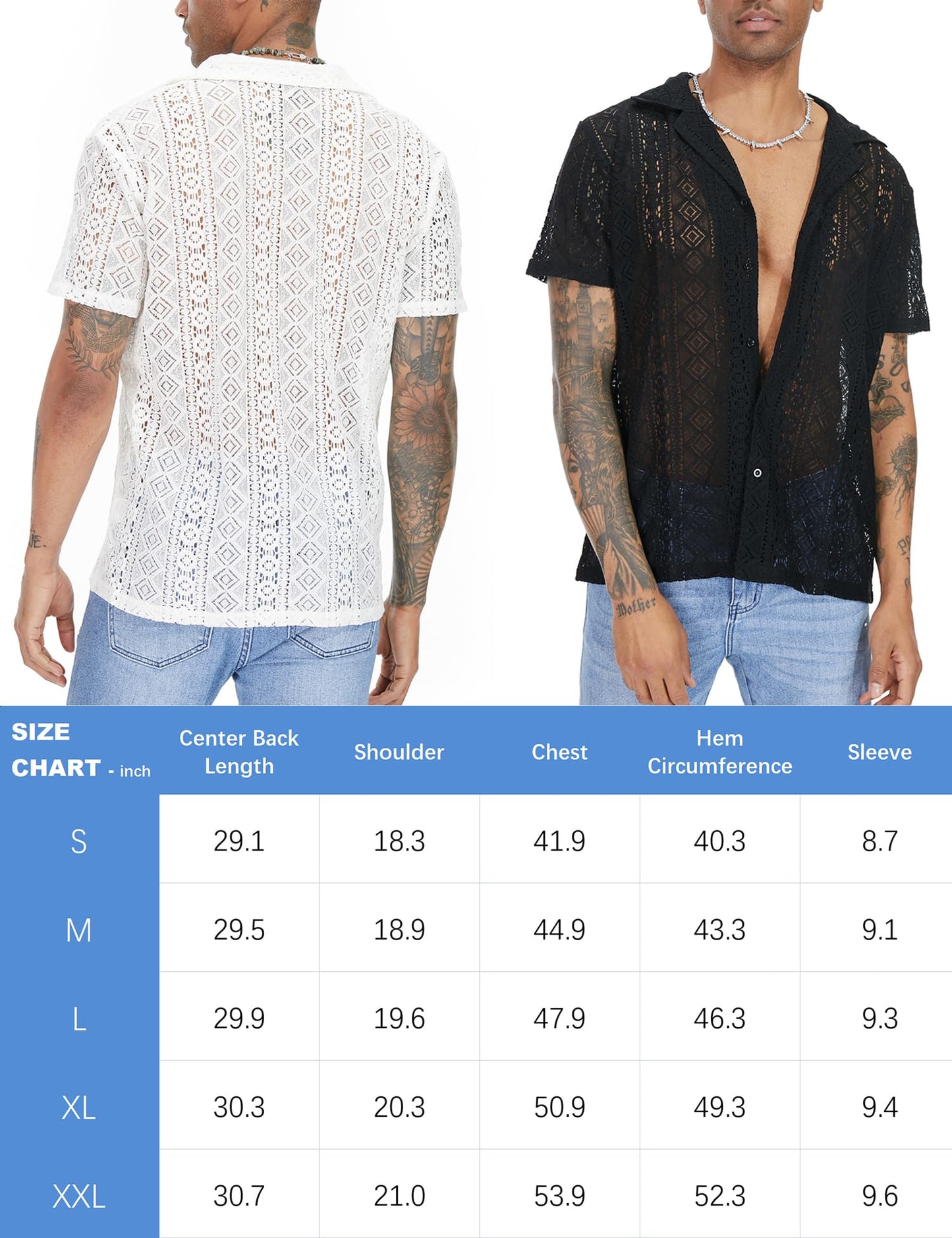 URRU Mens Floral Lace Shirt Short Sleeve Hollow Out Sheer See Through Casual Button Down Shirts White M