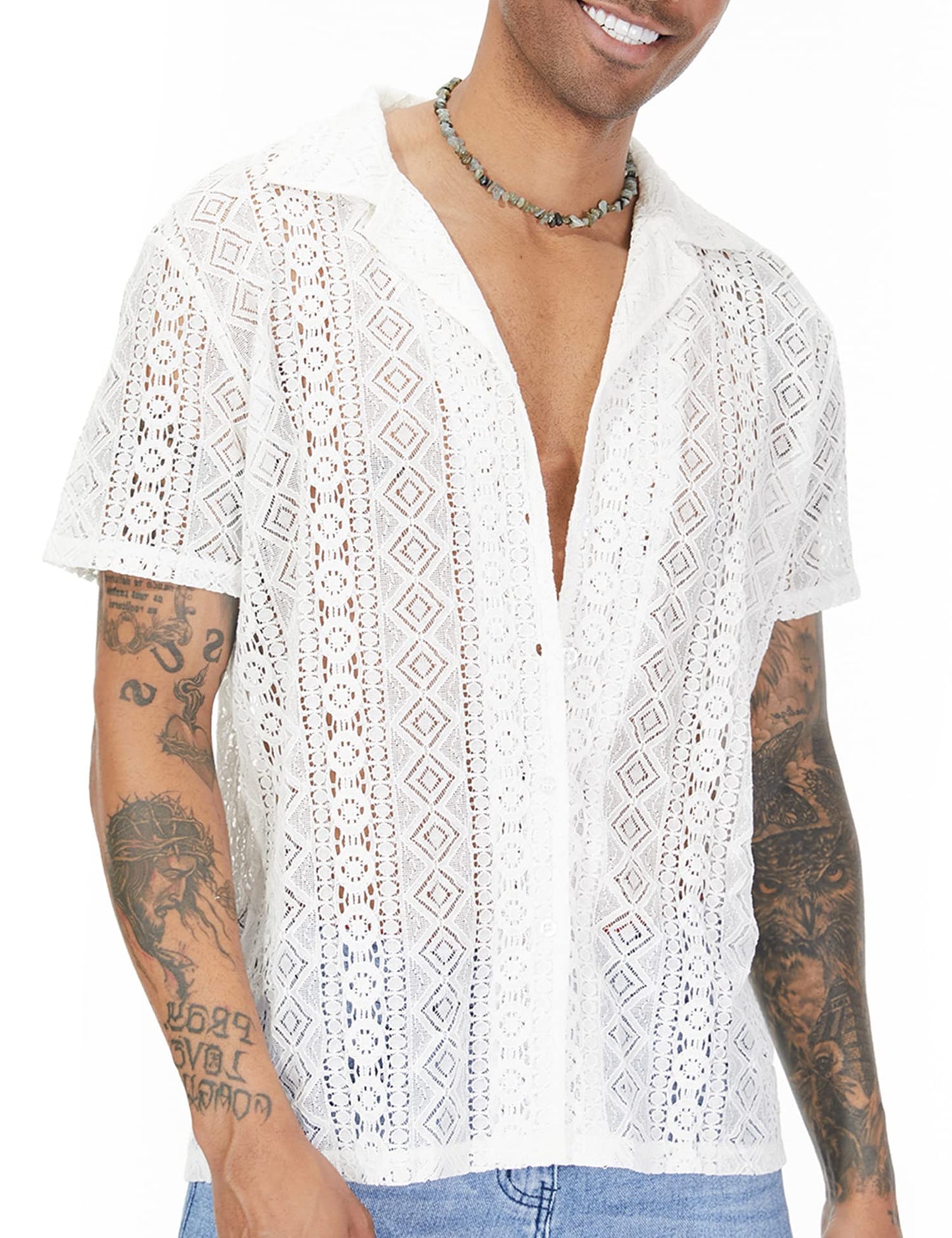 URRU Mens Floral Lace Shirt Short Sleeve Hollow Out Sheer See Through Casual Button Down Shirts White M