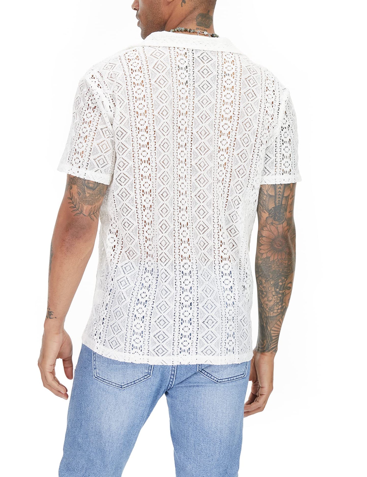 URRU Mens Floral Lace Shirt Short Sleeve Hollow Out Sheer See Through Casual Button Down Shirts White M