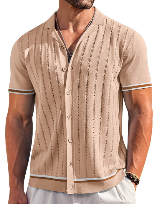 Men's Beach Button Up Casual Knit Polo Shirt - Short Sleeve - Khaki