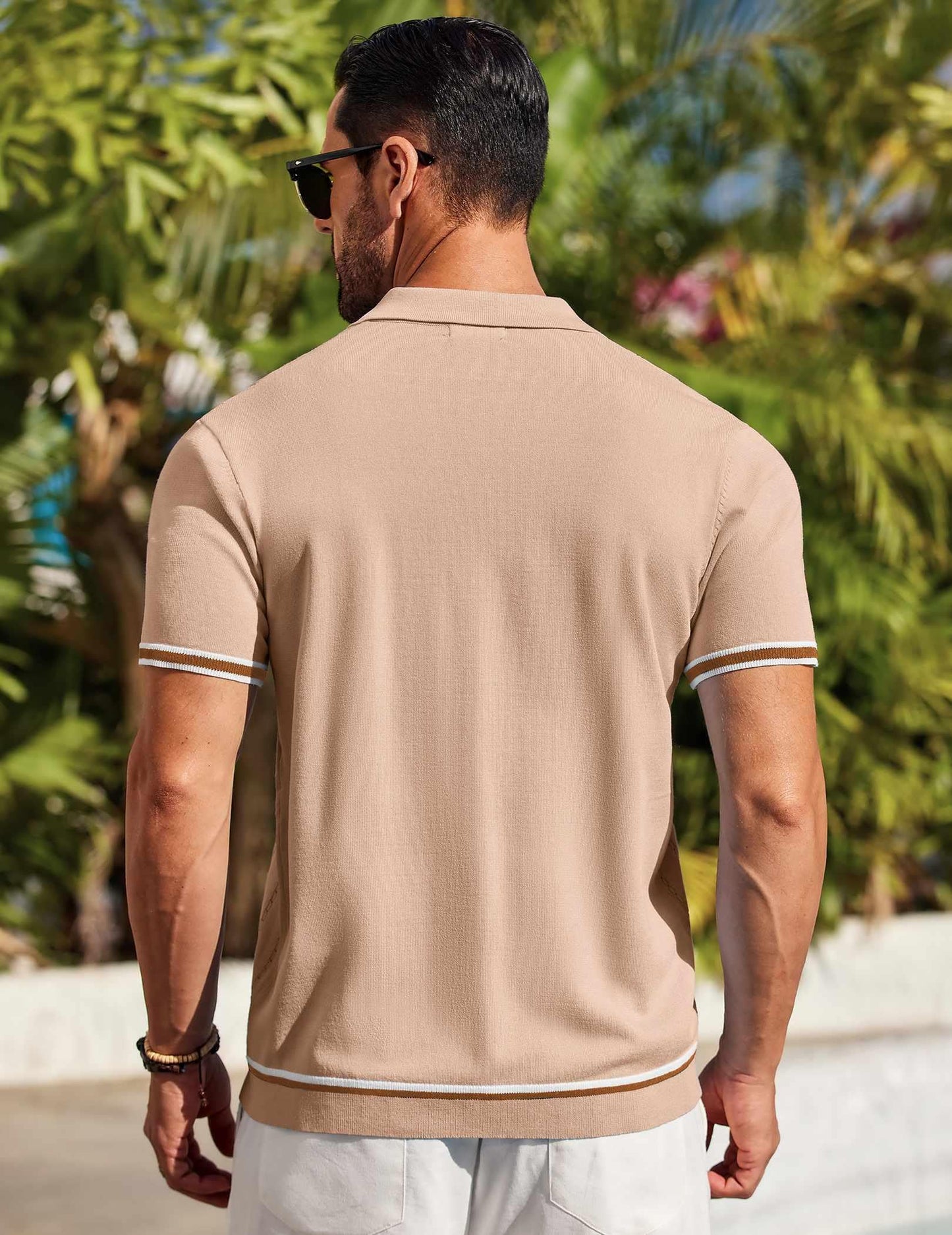 Men's Beach Button Up Casual Knit Polo Shirt - Short Sleeve - Khaki