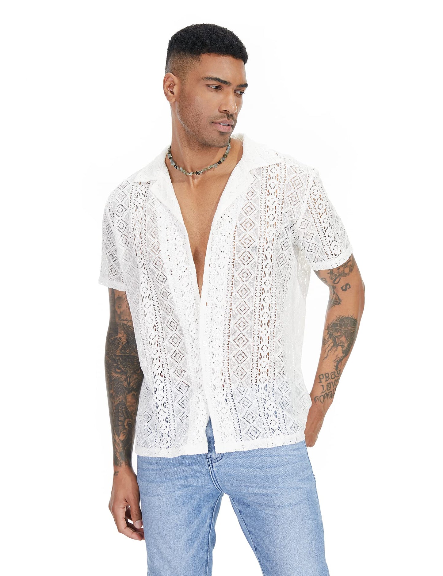 URRU Mens Floral Lace Shirt Short Sleeve Hollow Out Sheer See Through Casual Button Down Shirts White M