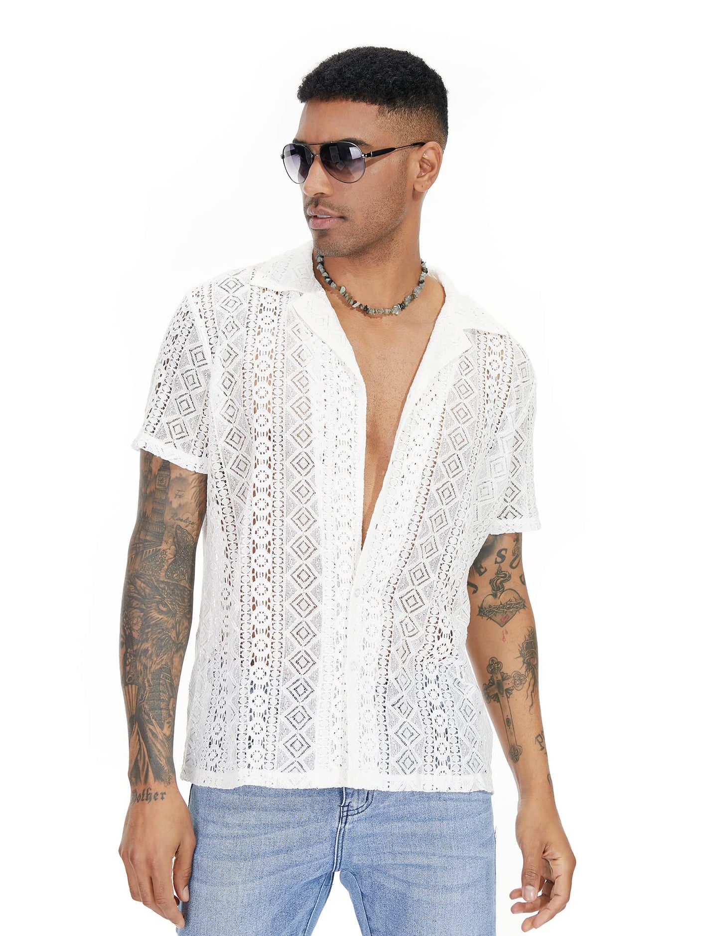 URRU Mens Floral Lace Shirt Short Sleeve Hollow Out Sheer See Through Casual Button Down Shirts White M