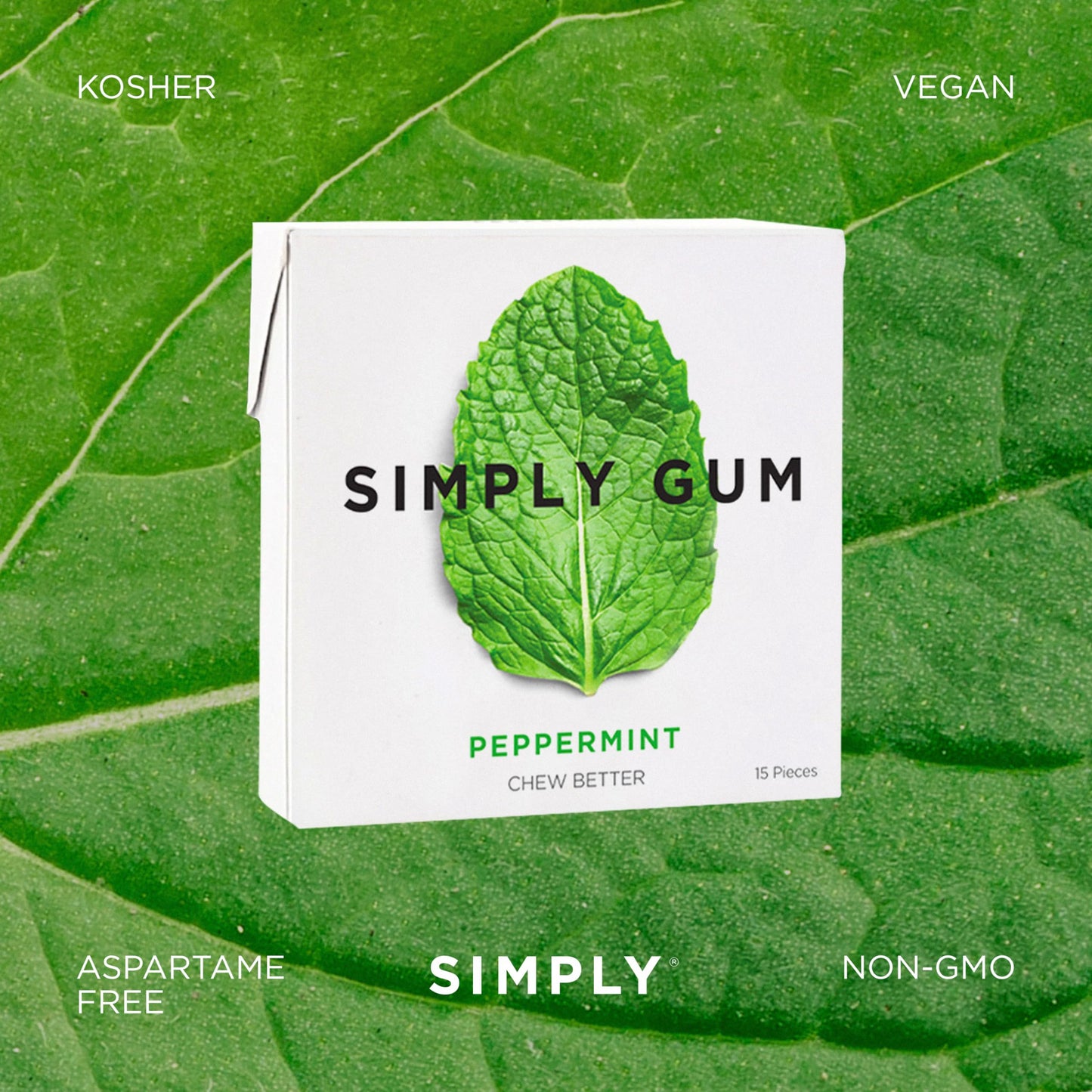 Simply Gum | Peppermint | Pack of Six (90 Pieces Total) | Plastic Free + Aspartame Free + non GMO