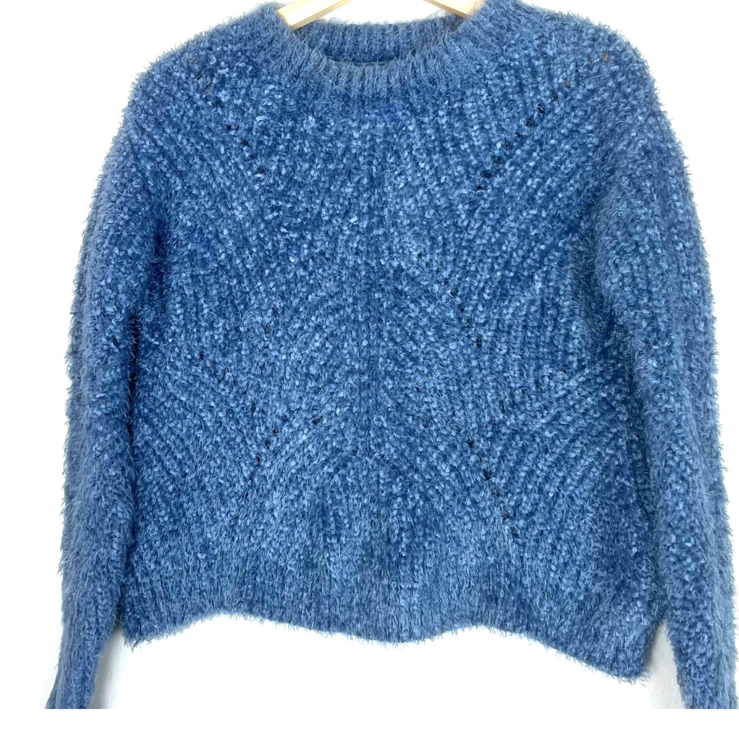 Aqua Pointelle Mock Neck Cropped Sweater - Blue - Large