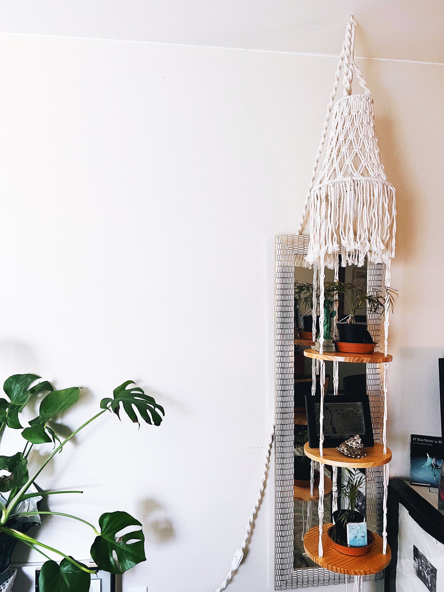 Macrame Plant Hanger Shelf Hanging Rope Shelf Indoor with Boho Lamp Shade 3 Tier Floating Round Shelves Decorative Shelf Flower Pot Holder Planter Display Rack Boho Home Decor-1 Set