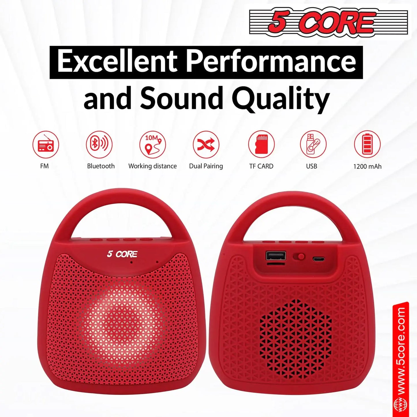 5Core Outdoor Bluetooth Speaker Wireless Portable Waterproof for Patio Pool Party Red