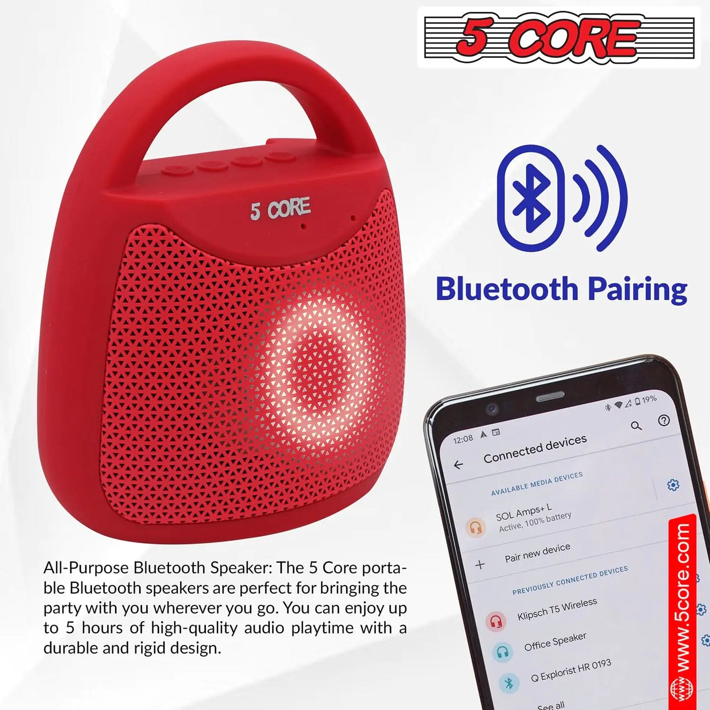 5Core Outdoor Bluetooth Speaker Wireless Portable Waterproof for Patio Pool Party Red