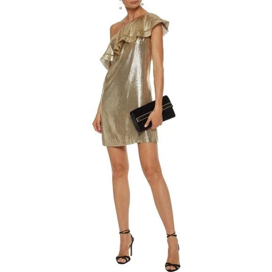 Rachel Zoe One Shoulder Ruffled Gold Dress - Gold - 8