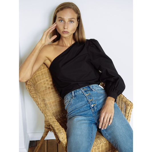 FRAME One Shoulder Cotton Blouson Top - Black - Medium