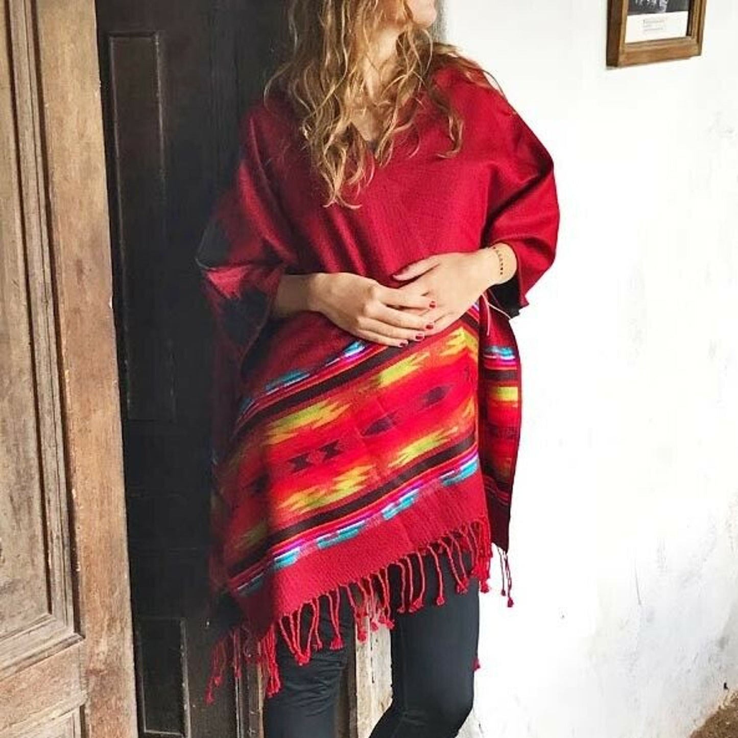 Authentic Alpaca Wool Unisex Ruana Cape Poncho Shawl - Lightweight Thin - Boho Pattern