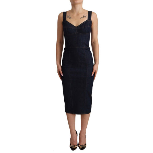 Dolce & Gabbana Elegant Dark Blue Denim Sheath Midi Dress/IT36|XXS/Blue