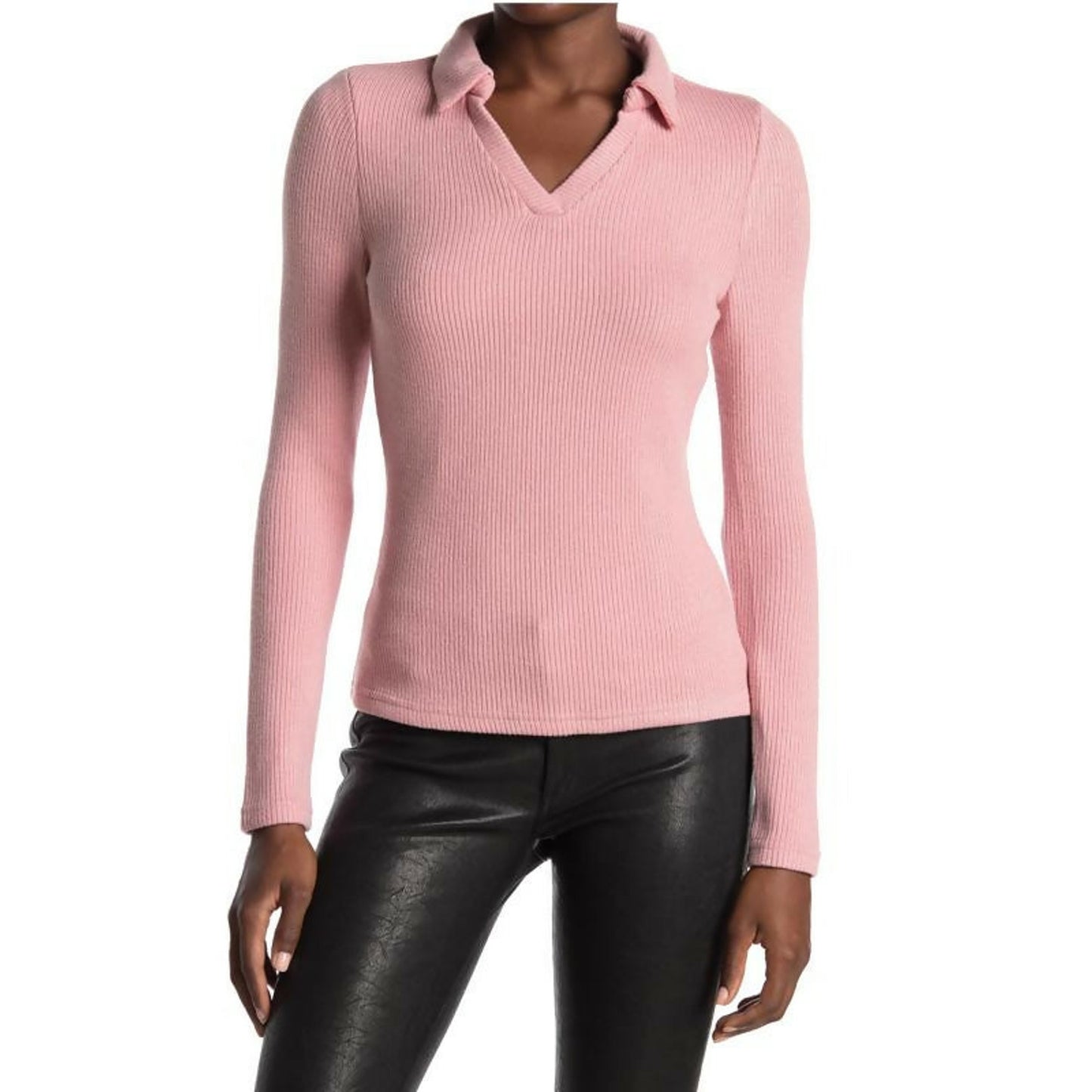 Walter Baker Spread Collar Hudson Rib Knit Top – Dusty Pink – XL