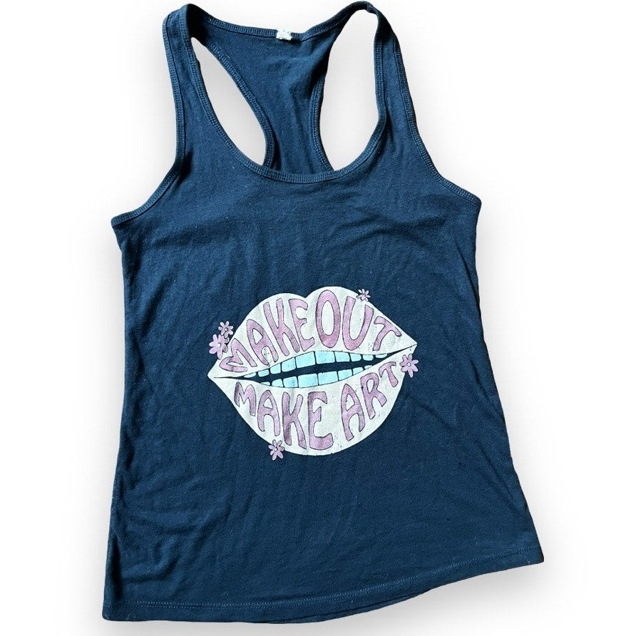 Edgy "Make Out Make Art" Racer Back Tank Top - Navy Blue - L