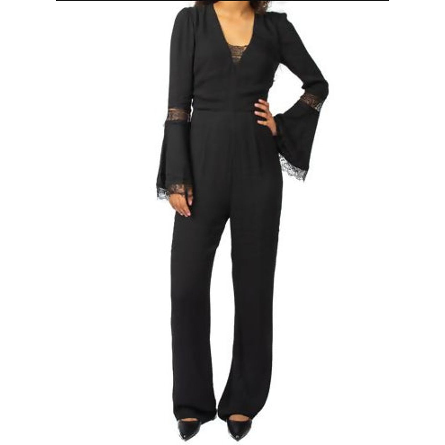 Bobi Black Bell Sleeve Lace Insert Jumpsuit - Black - M